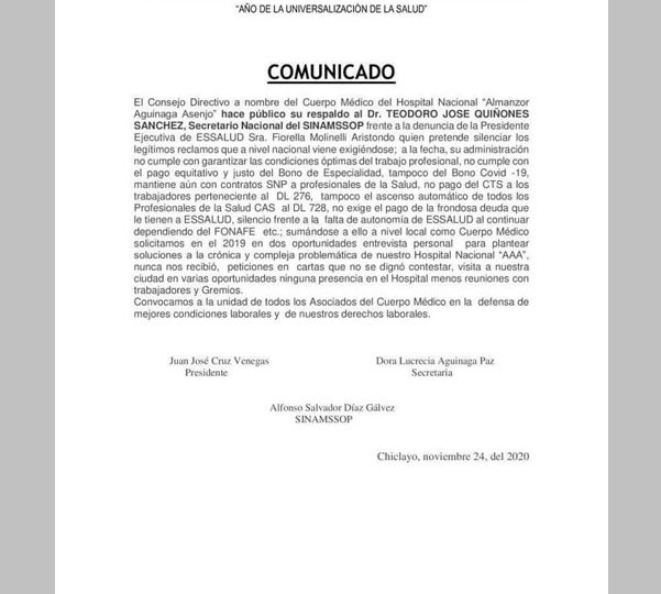Cuerpo Médico del Hospital Nacional "Almanzor Aguinaga Asenjo" hace público su respaldo al Secretario Nacional del SINAMSSOP