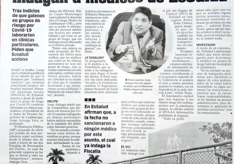 Fiscalía y órgano de control indagan a médicos de EsSalud