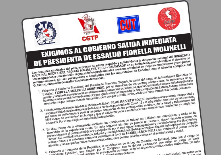Centrales sindicales respaldan a SINAMSSOP y exigen salida de Fiorella Molinelli de EsSalud