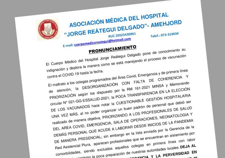 Cuerpo Médico del Hospital Jorge Reátegui de Piura rechaza proceso de vacunación