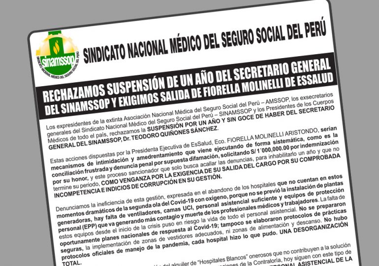 Rechazamos suspensión de un año del secretario general del sinamssop y exigimos salida de Fiorella Molinelli de EsSalud