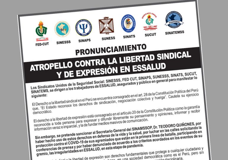 Gremios Unidos contra atropello a la Libertad Sindical y de Expresión en apoyo al Dr. Teodoro Quiñones. Publicado hoy en La República