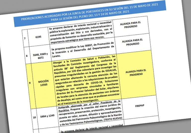 Junta de Portavoces del Congreso priorizó Moción 12563 sobre Comisión Investigadora de Presuntas Irregularidades en EsSalud para este jueves 13 de mayo