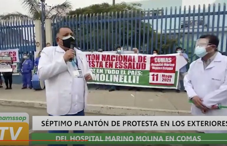 Séptimo plantón de protesta en los exteriores del Hospital Marino Molina en Comas y donación de equipos tecnológicos para el centro médico
