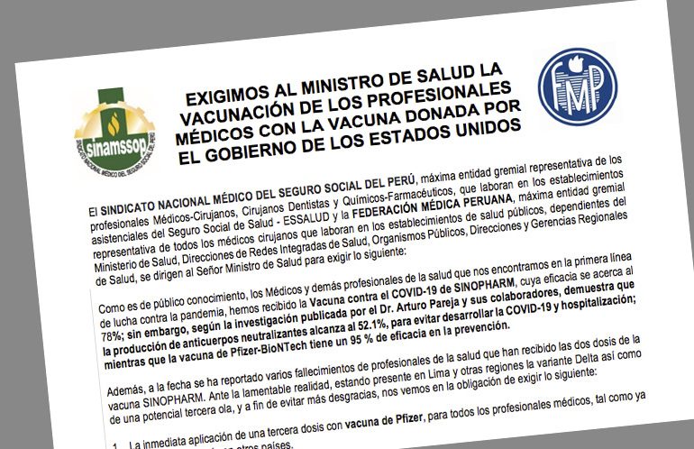Exigimos al Ministro de Salud la vacunación de los profesionales médicos con la vacuna donada por el gobierno de los Estados Unidos