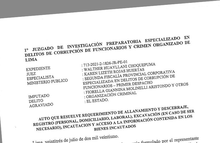 SINAMSSOP obtuvo como primicia documento formal de allananiento de la fiscalía contra Fiorella  Molinelli y funcionarios por corrupción
