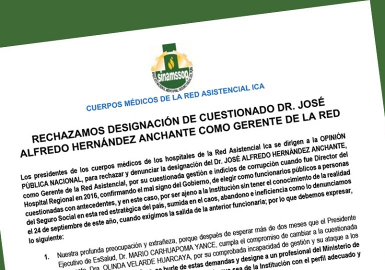 Rechazamos designación de cuestionado Dr. José Alfredo Hernández Anchante como gerente de la red