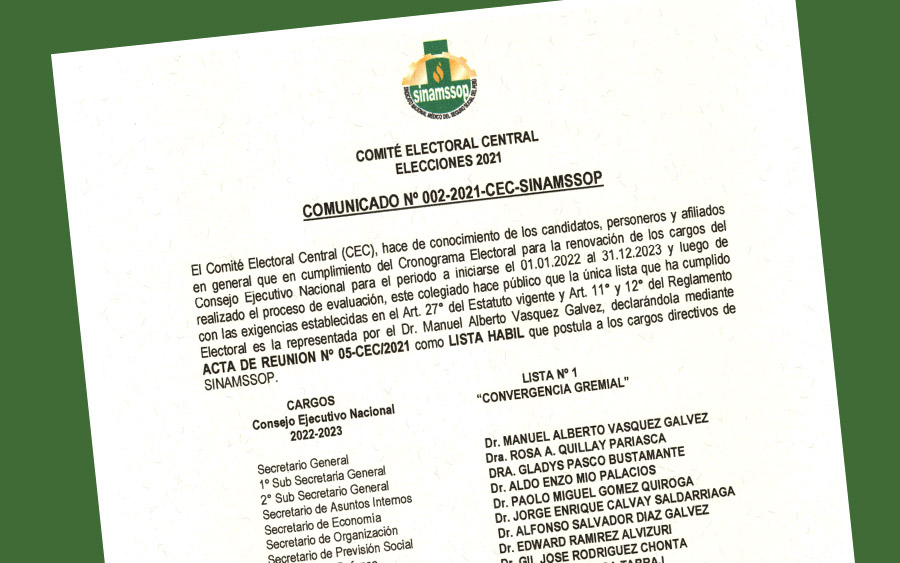 Comité Electoral Central - Elecciones 2021 - Comunicado Nº 002-2021-CEC-SINAMSSOP