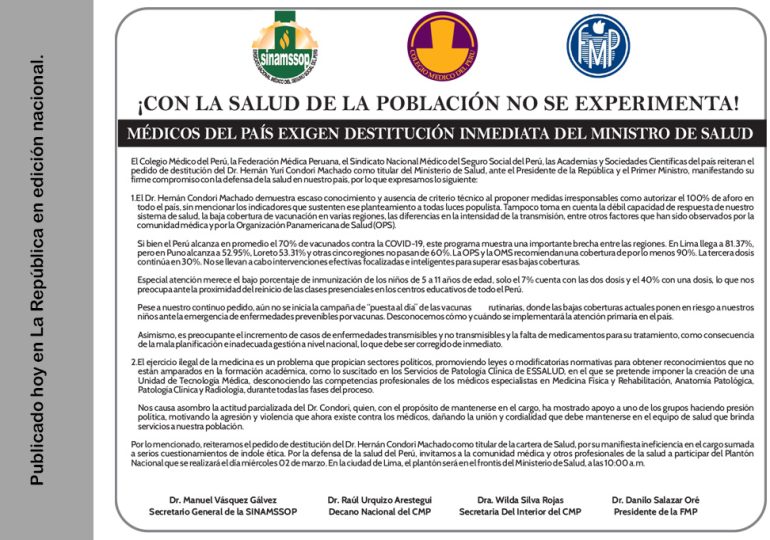 Médicos del país exigen destitución inmediata del Ministro de Salud