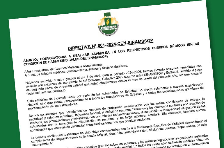 Convocatoria a realizar Asamblea en los respectivos cuerpos médicos (en su condición de bases sindicales del SINAMSSOP)