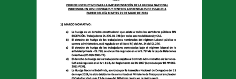 Primer Instructivo para la Implementación de la Huelga Nacional Indefinida en los hospitales y centros asistenciales de EsSalud a partir del día martes 21 de mayo de 2024