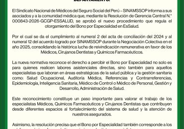 SINAMSSOP LOGRA EL PAGO DEL BONO POR ESPECIALIDAD EN ÁREAS DE SALUD PÚBLICA, ASI COMO A LOS JEFES DE SERVICIO Y DEPARTAMENTO